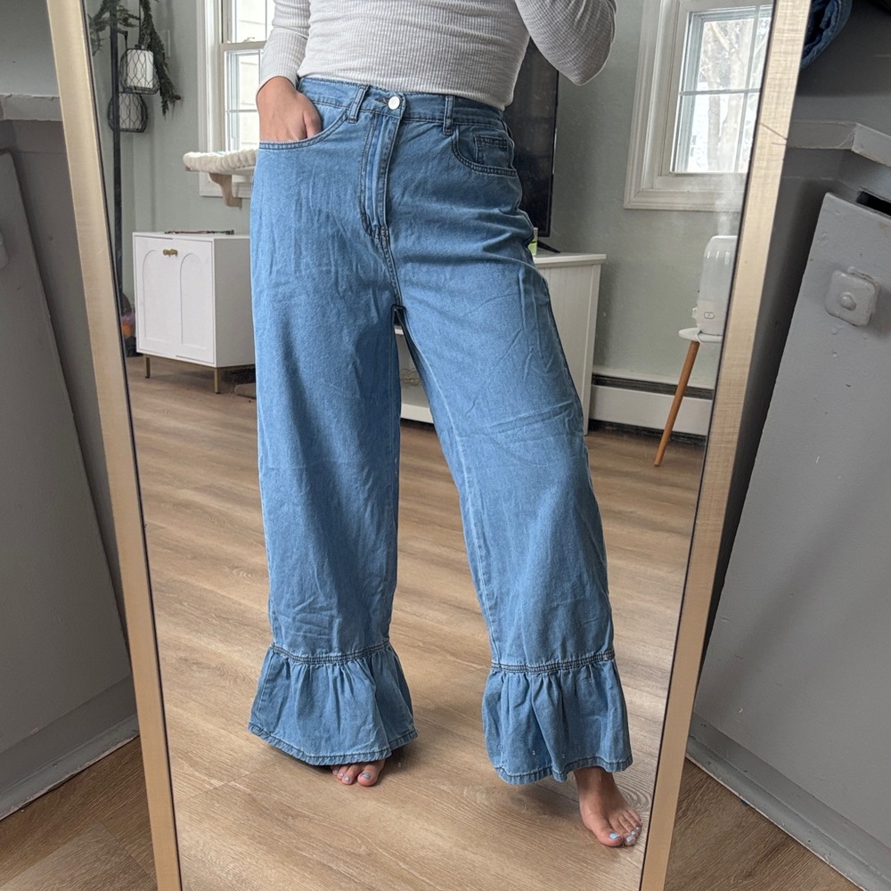 SHEIN Blue Flare Ruffle Jeans